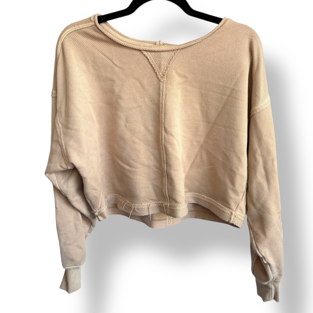 Aerie Cozy Knit‎ Cropped Crewneck Sweatshirt Tan S  Neck Casual Loungewear